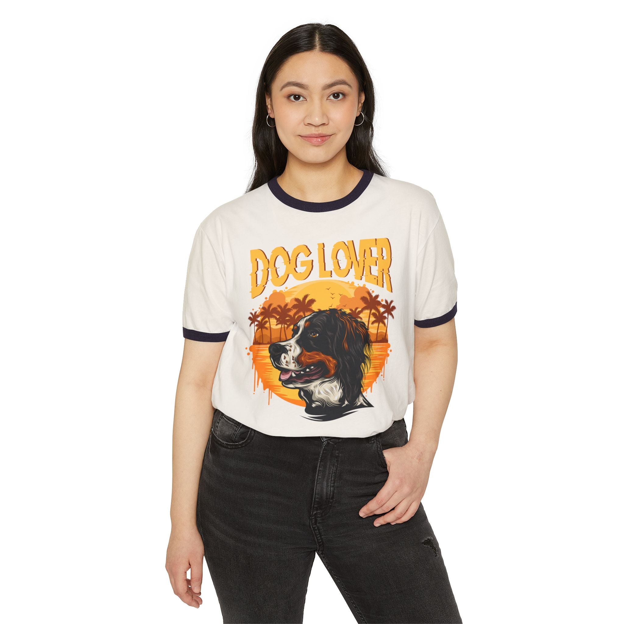 Dog Lover Ringer T-Shirt — Retro Sunset Spaniel Graphic