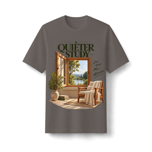 Shiitake heavyweight T-shirt, front view, with A Quieter Study graphic showing a window, chair and potted plant.