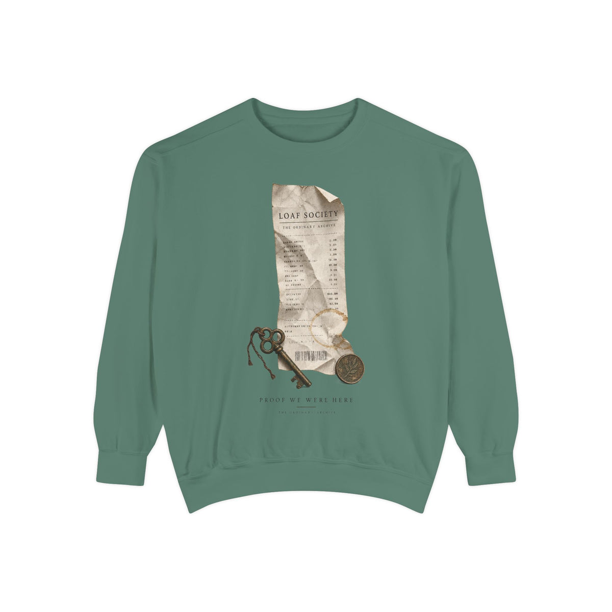 The Last Receipt — Garment-Dyed Crewneck Sweatshirt in Light Green — LOAF SOCIETY product image.