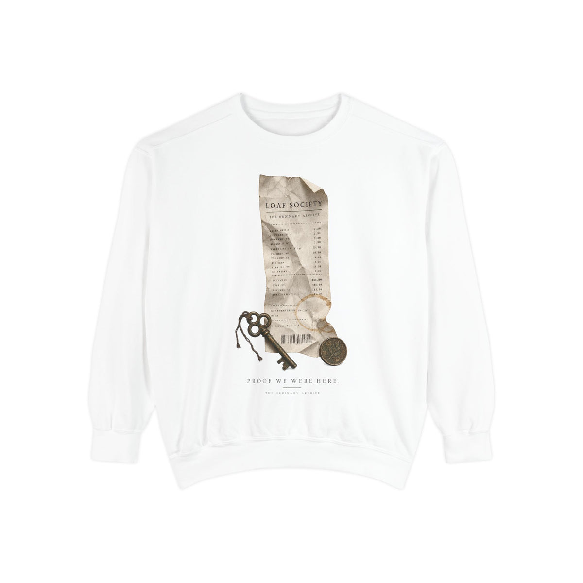 The Last Receipt — Garment-Dyed Crewneck Sweatshirt in White — LOAF SOCIETY product image.