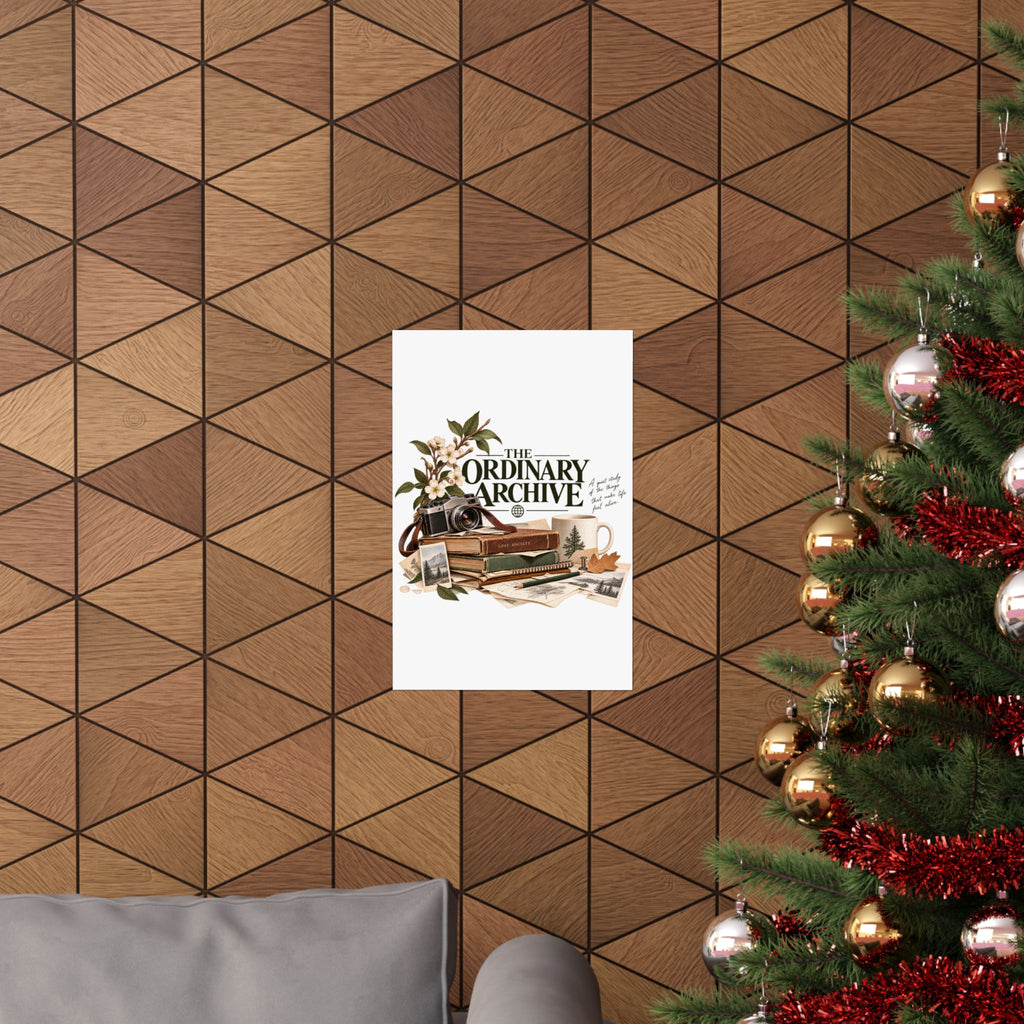 The Ordinary Archive art print displayed on a geometric wood wall beside a Christmas tree