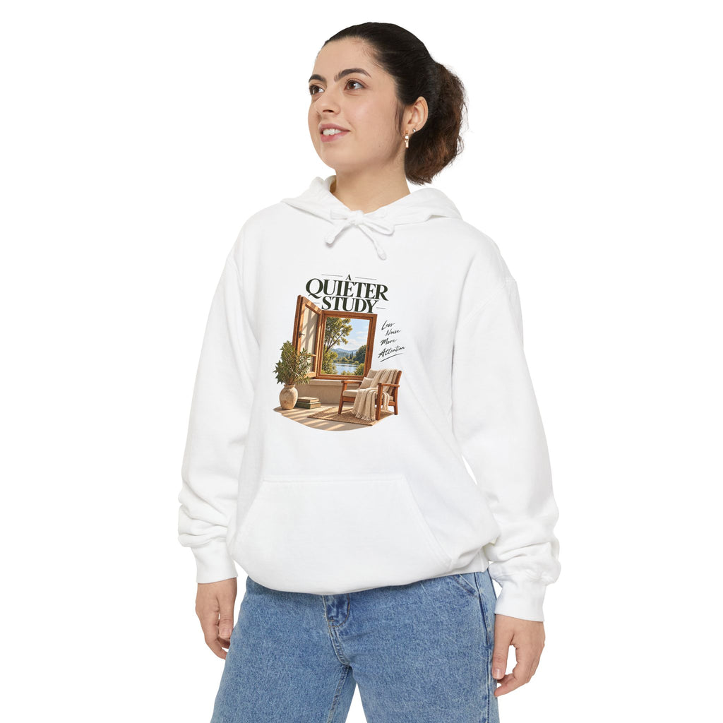 A Quieter Study White garment-dyed hoodie, modeled front view, showing the window, chair and plant graphic.