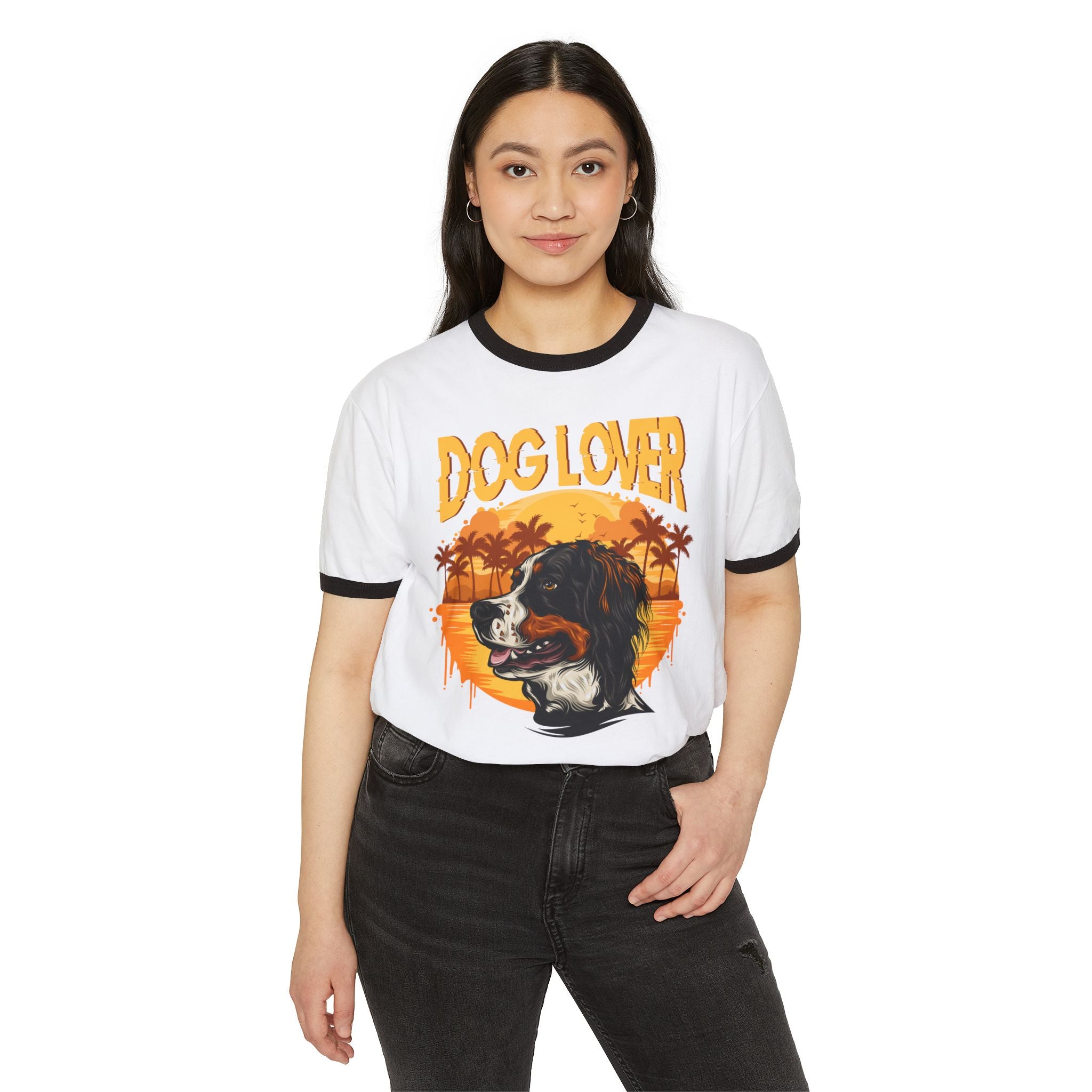 Dog Lover Ringer T-Shirt — Retro Sunset Spaniel Graphic
