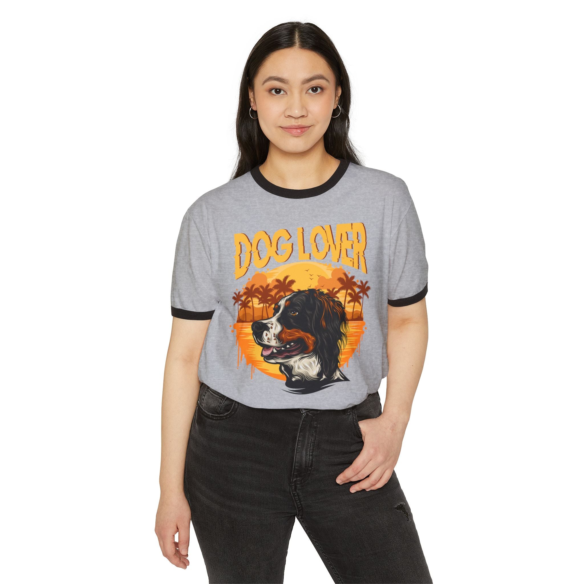 Dog Lover Ringer T-Shirt — Retro Sunset Spaniel Graphic