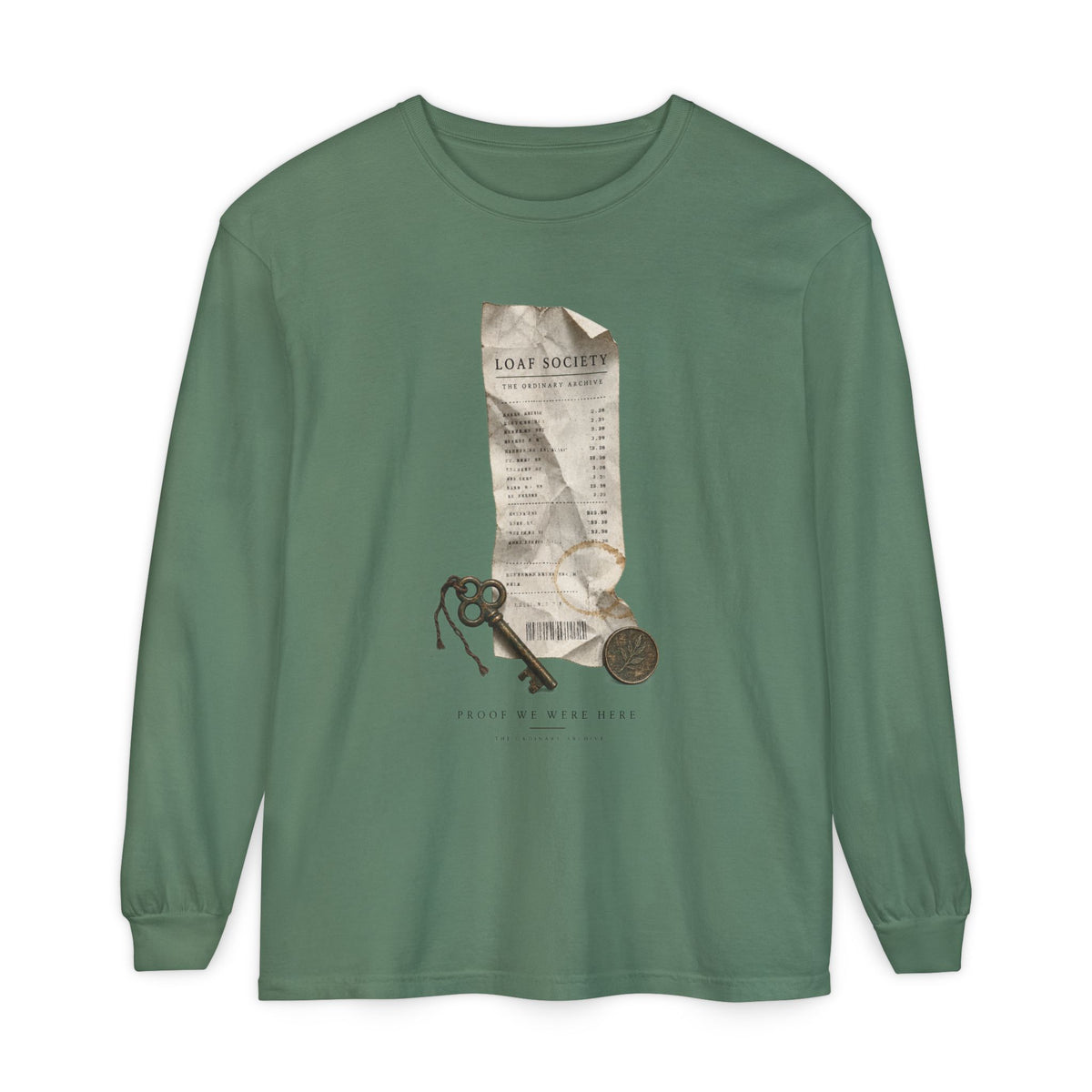 The Last Receipt — Garment-Dyed Long-Sleeve T-Shirt in Light Green — LOAF SOCIETY product image.