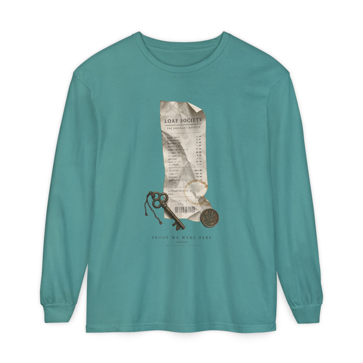 The Last Receipt — Garment-Dyed Long-Sleeve T-Shirt in Seafoam — LOAF SOCIETY product image.