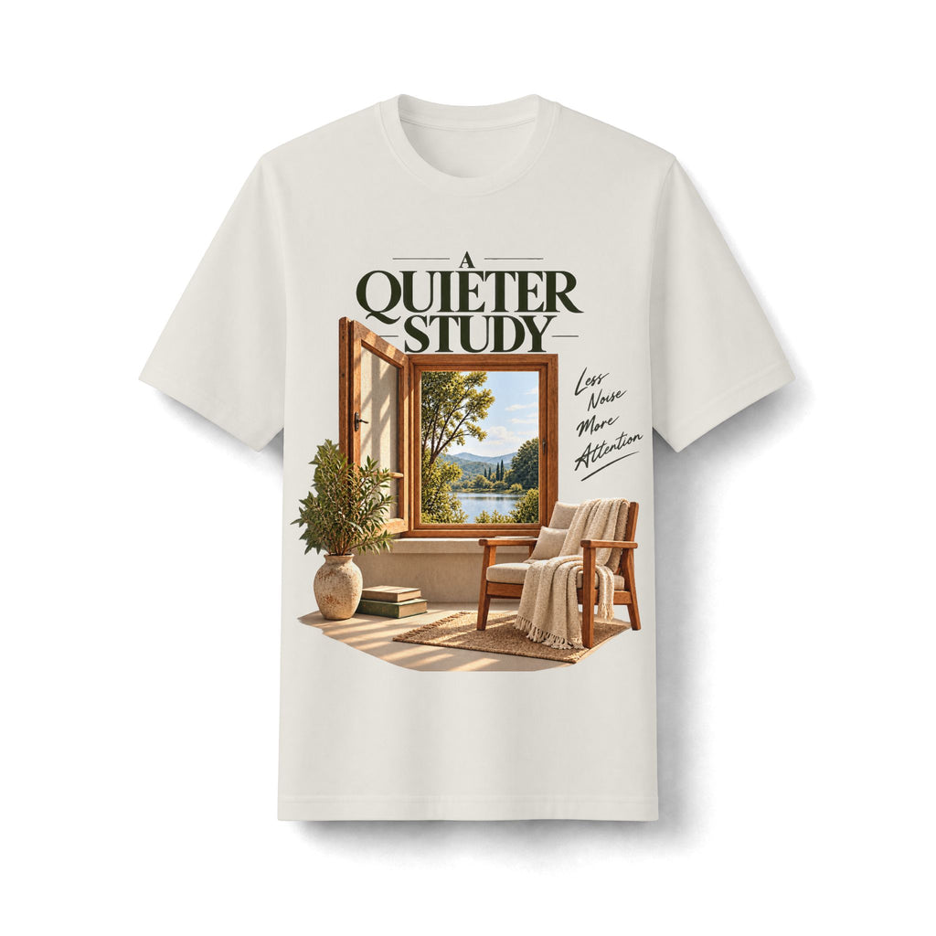 Bone heavyweight T-shirt, front view, with A Quieter Study graphic showing a window, chair and potted plant.