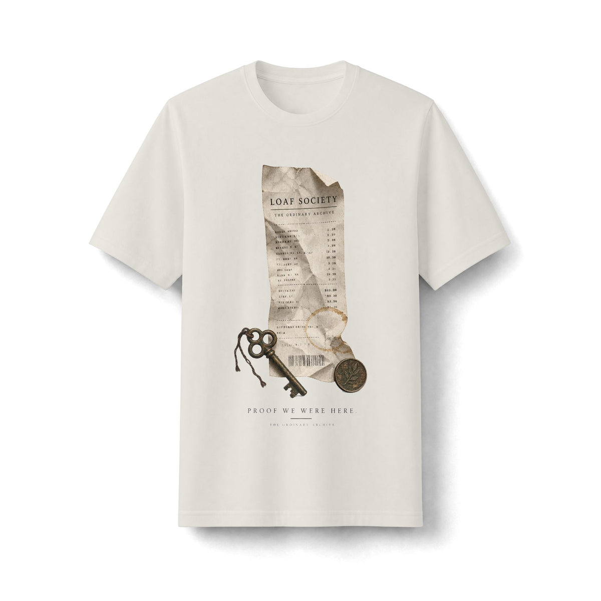 Bone heavyweight T-shirt, front view, with The Last Receipt artwork showing a worn receipt, old key and coin.