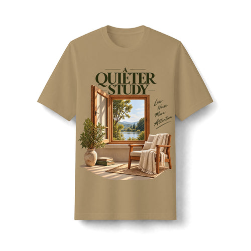 Tan heavyweight T-shirt, front view, with A Quieter Study graphic showing a window, chair and potted plant.