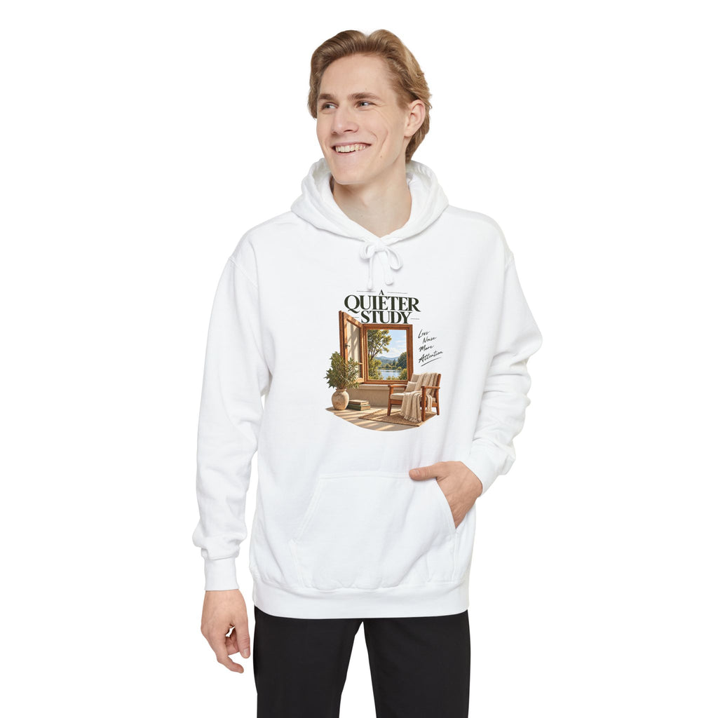 A Quieter Study White garment-dyed hoodie, modeled front view, showing the window, chair and plant graphic.