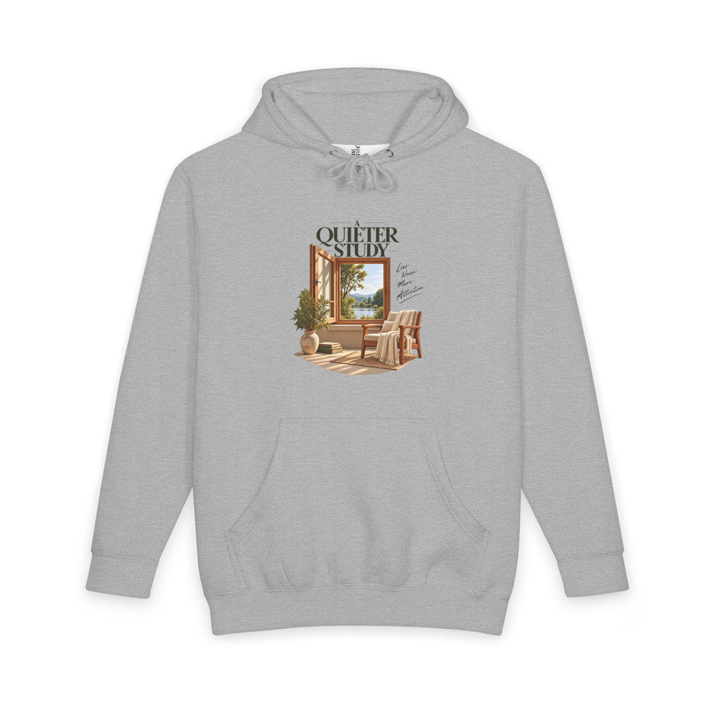 Heather Grey pullover hoodie, front view, with A Quieter Study graphic showing an open window, chair and potted plant.