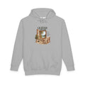 Heather Grey pullover hoodie, front view, with A Quieter Study graphic showing an open window, chair and potted plant.
