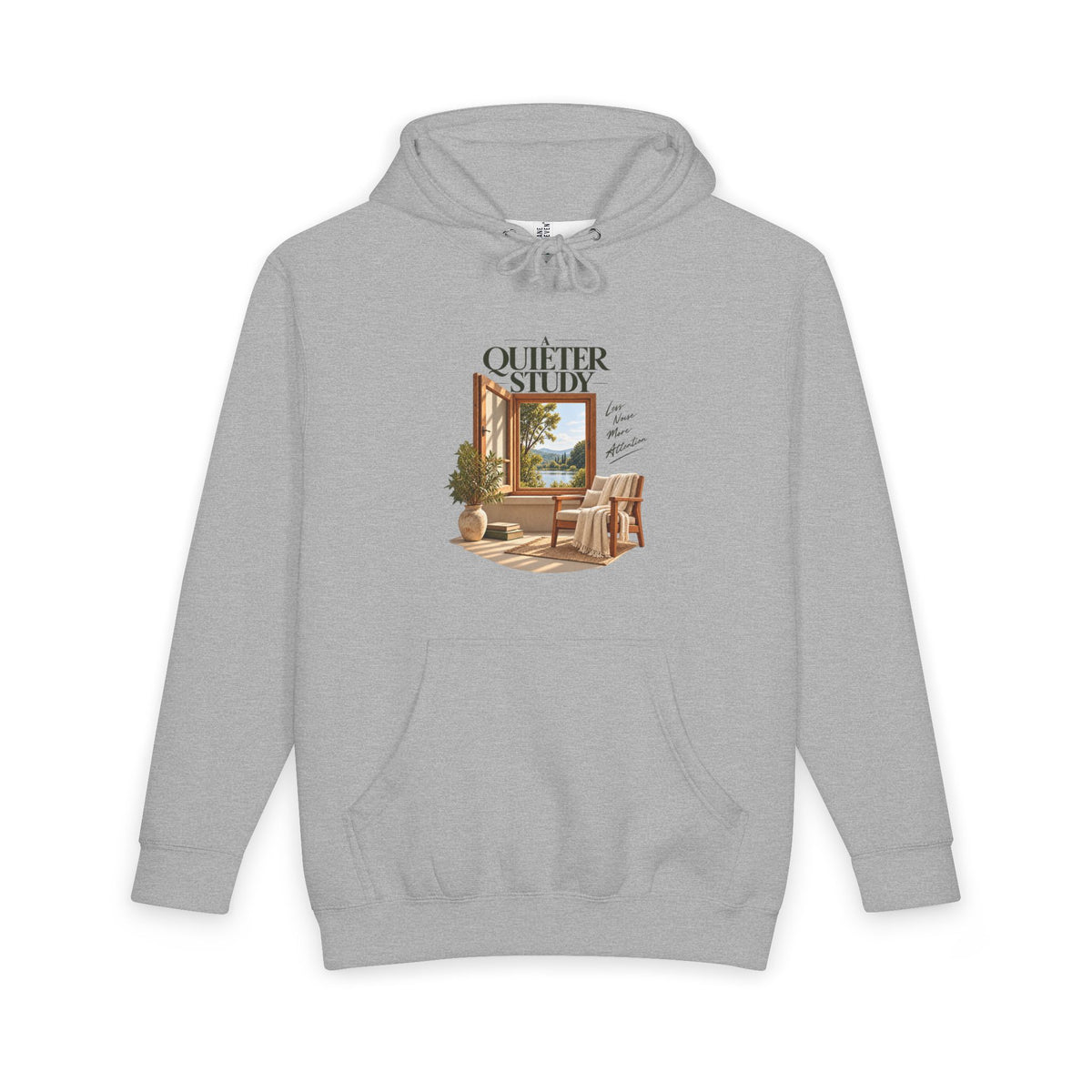 Heather Grey pullover hoodie, front view, with A Quieter Study graphic showing an open window, chair and potted plant.